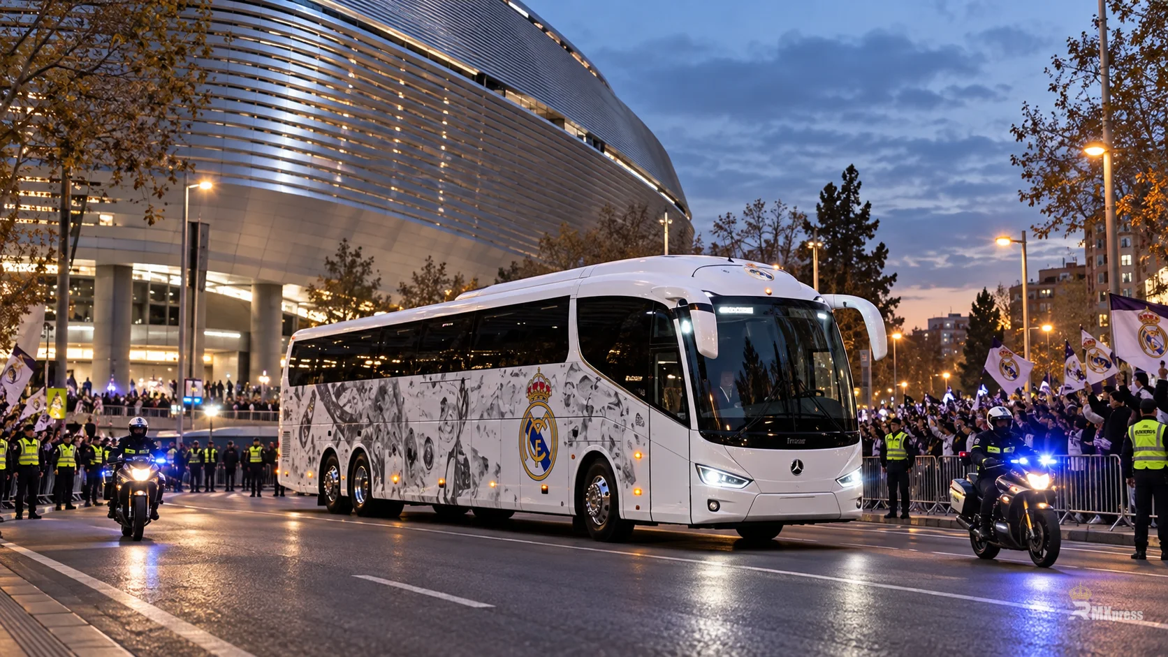 Ankunft des Mannschaftsbusses von Real Madrid am Bernabéu